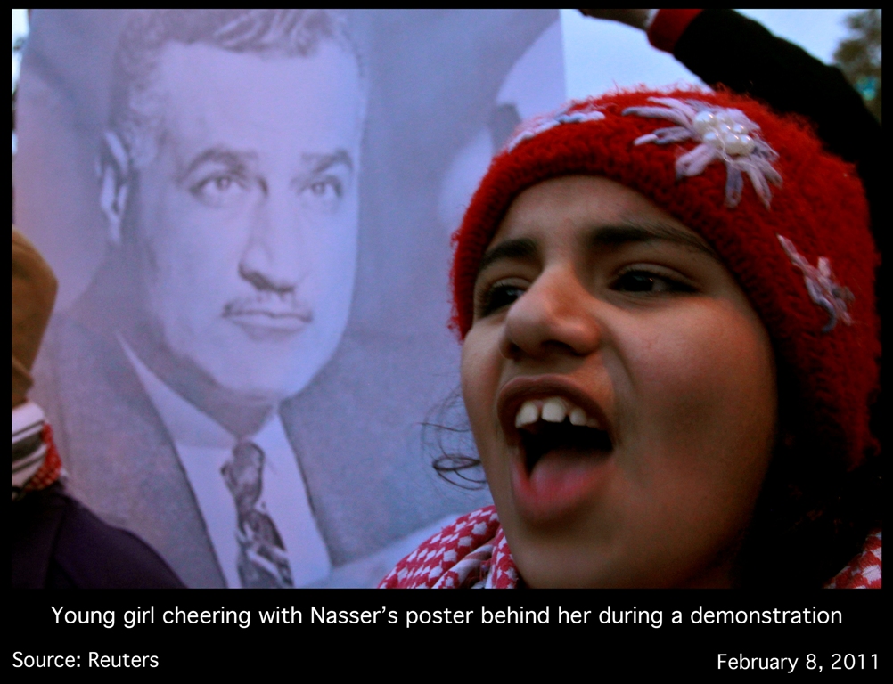Jeune fille manifestant avec portrait Gamel Abdel Nasser