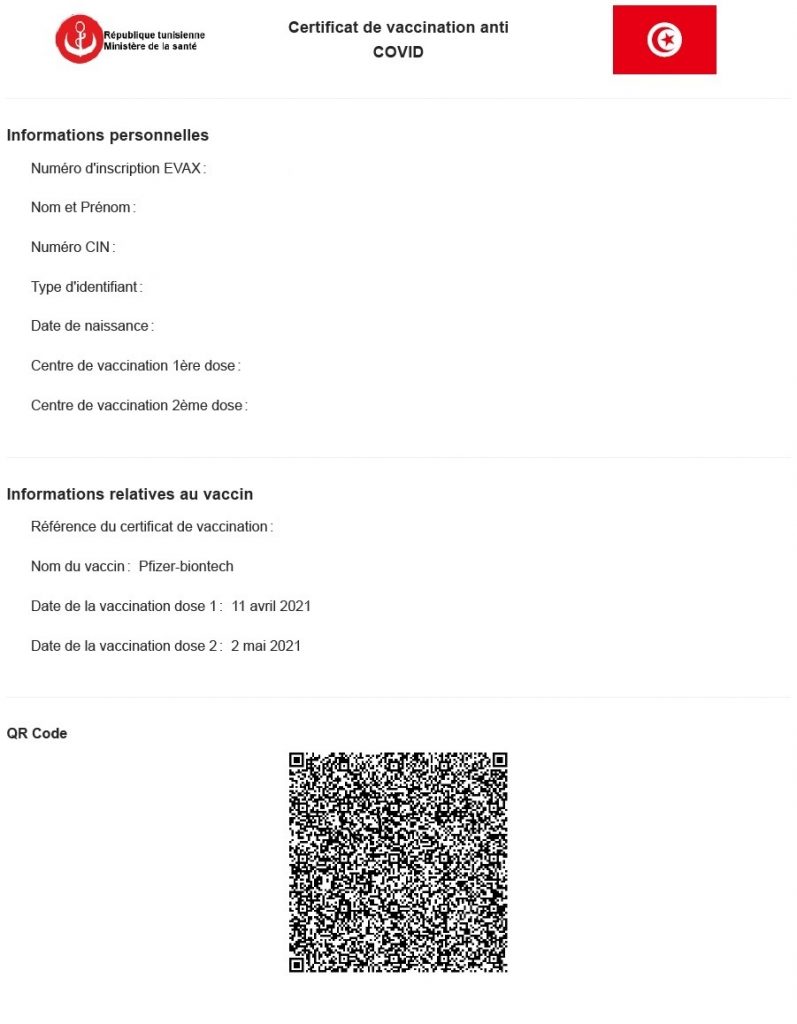 Tunisie Covid 19 Un Certificat De Vaccination Delivre Par Evax Qr Code A La Cle Tunisie Covid 19 Un Certificat De Vaccination Delivre Par Evax Qr Code A La Cle