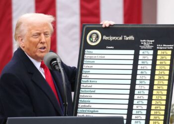 President Donald Trump displays a chart with reciprocal tariffs during a 'Liberation Day' event in the Rose Garden at the White House on April 2, 2025 in Washington, D.C. Today?s tariffs are just the most recent moves that President Trump has taken in this new trade war since returning to the White House less that three months ago. (Photo by Samuel Corum/Sipa USA)/60532918//2504022250