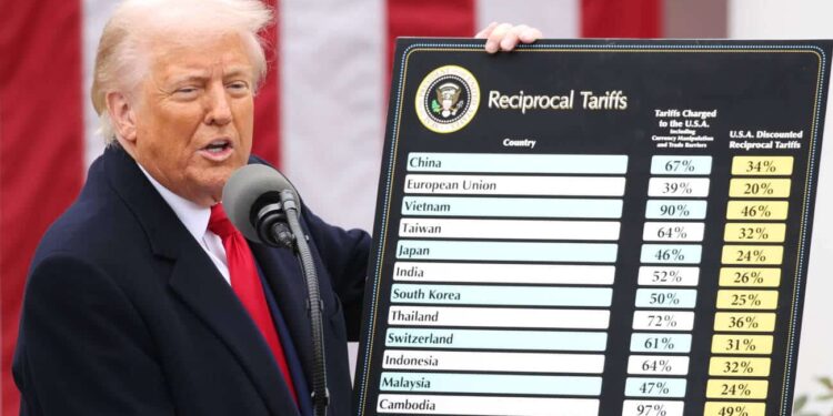 President Donald Trump displays a chart with reciprocal tariffs during a 'Liberation Day' event in the Rose Garden at the White House on April 2, 2025 in Washington, D.C. Today?s tariffs are just the most recent moves that President Trump has taken in this new trade war since returning to the White House less that three months ago. (Photo by Samuel Corum/Sipa USA)/60532918//2504022250