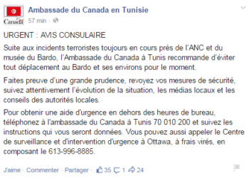 Attaque du Bardo : L'ambassade du Canada &agrave; Tunis recommande &agrave; ses citoyens d'&eacute;viter le Bardo et ses environs