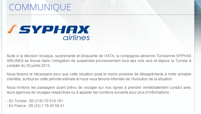 Tunisie: Syphax Airlines annonce qu'elle suspend tous ses vols
