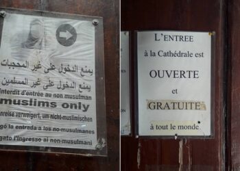 Deux pancartes qui en disent long : Eglises qui accueillent, mosquées qui refoulent...