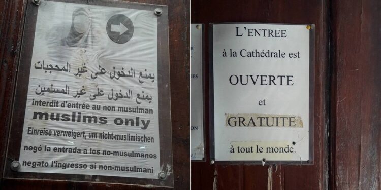 Deux pancartes qui en disent long : Eglises qui accueillent, mosquées qui refoulent...