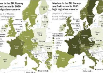 La proportion de musulmans en Europe en 2050 selon les scénarios du Pew Research Center