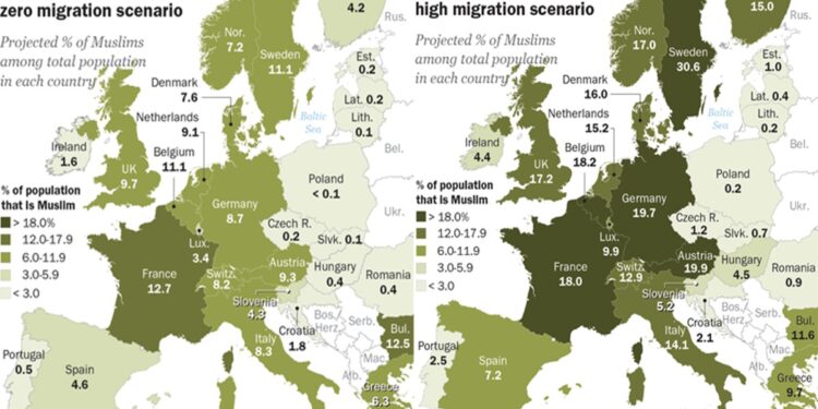 La proportion de musulmans en Europe en 2050 selon les scénarios du Pew Research Center