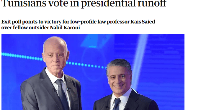 The Guardian titre : Robocop vs Corleone... les Tunisiens votent à la Présidentielle !