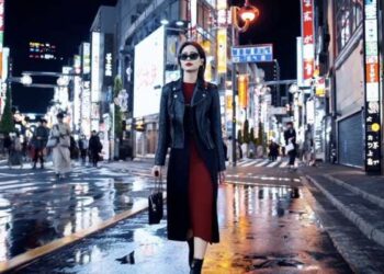 Capture d'écran vidéo IA OpenAI Sora : Femme élégante marchant dans rue de Tokyo, vêtue de noir et rouge, sous piétons.