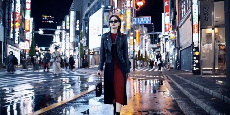 Capture d'écran vidéo IA OpenAI Sora : Femme élégante marchant dans rue de Tokyo, vêtue de noir et rouge, sous piétons.
