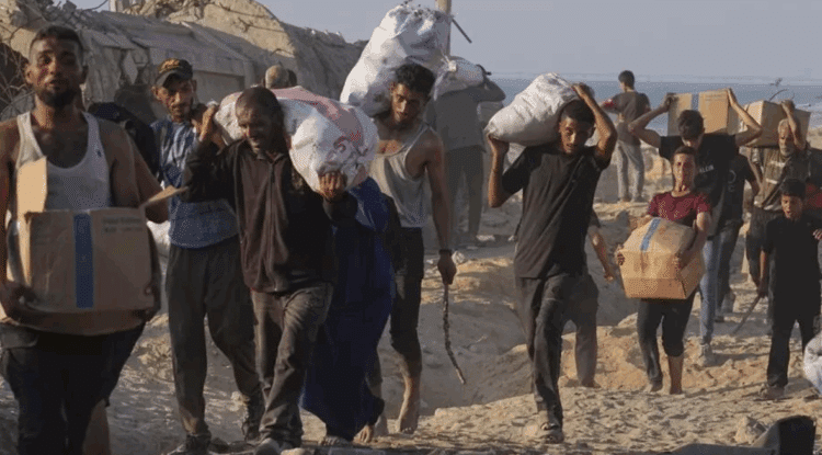 Des Palestiniens transportant des sacs et cartons d'aide humanitaire destinés à l'enclave de Gaza (Crédit : AP)