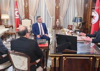 Kaïs Saïed en réunion avec Khaled Nouri, Mourad Saïdan et Hussein Gharbi