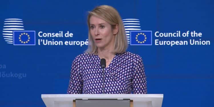 Kaja Kallas lors d’une conférence de presse à Bruxelles, le 16 mars 2026.