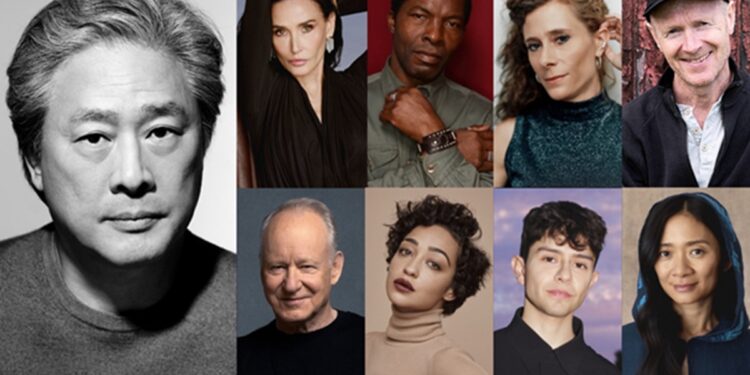 De gauche à droite : Park Chan-wook © Lee Seung-hee / Demi Moore © Thomas Whiteside / Isaach De Bankolé © Larry Busacca /  Laura Wandel © Thomas Laisné / Paul Laverty © Joss Barratt  / Stellan Skarsgård © NEON / Ruth Negga © Justin Coit / Diego Céspedes © Tom Chenette  / Chloé Zhao © Christian Tierney