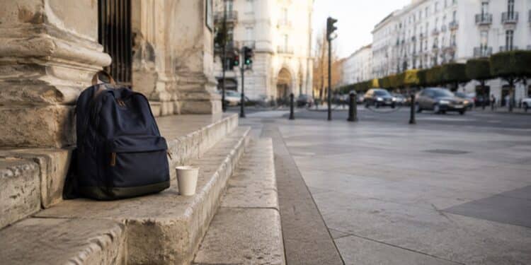 Un cartable abandonn&eacute; &agrave; c&ocirc;t&eacute; d&rsquo;un gobelet symbolise la vuln&eacute;rabilit&eacute; des enfants confront&eacute;s &agrave; la rue et &agrave; la mendicit&eacute; - Cr&eacute;dit : Image d&rsquo;illustration g&eacute;n&eacute;r&eacute;e par IA pour Webdo.