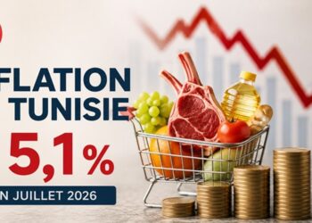 Chariot de courses avec viande, fruits, huile et pi&egrave;ces de monnaie illustrant le recul de l'inflation en Tunisie &agrave; 5,1 % en juillet 2026, malgr&eacute; la hausse persistante des prix de plusieurs produits alimentaires.
