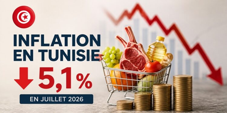 Chariot de courses avec viande, fruits, huile et pi&egrave;ces de monnaie illustrant le recul de l'inflation en Tunisie &agrave; 5,1 % en juillet 2026, malgr&eacute; la hausse persistante des prix de plusieurs produits alimentaires.