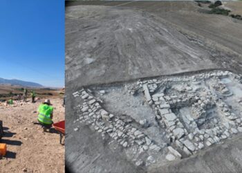 Vue a&eacute;rienne des vestiges de la maison numide &eacute;tudi&eacute;e &agrave; Sidi Sa&iuml;d, &agrave; Bargou, lors des fouilles de 2026. &copy; Hakim Kerkeni et &eacute;quipe Sidi Sa&iuml;d, INP&ndash;ICAC.