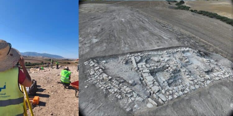 Vue a&eacute;rienne des vestiges de la maison numide &eacute;tudi&eacute;e &agrave; Sidi Sa&iuml;d, &agrave; Bargou, lors des fouilles de 2026. &copy; Hakim Kerkeni et &eacute;quipe Sidi Sa&iuml;d, INP&ndash;ICAC.