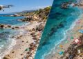 Illustration g&eacute;n&eacute;r&eacute;e par IA montrant la d&eacute;tection de d&eacute;chets sur le littoral &agrave; partir d&rsquo;images a&eacute;riennes prises par drone.