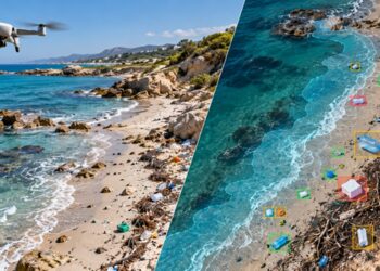 Illustration g&eacute;n&eacute;r&eacute;e par IA montrant la d&eacute;tection de d&eacute;chets sur le littoral &agrave; partir d&rsquo;images a&eacute;riennes prises par drone.