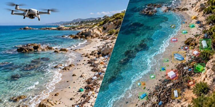Illustration g&eacute;n&eacute;r&eacute;e par IA montrant la d&eacute;tection de d&eacute;chets sur le littoral &agrave; partir d&rsquo;images a&eacute;riennes prises par drone.