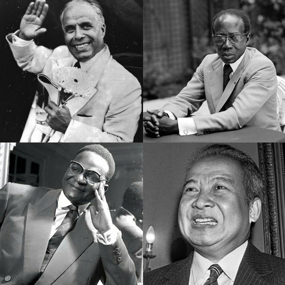 Les fondateurs de l’Organisation de la Francophonie : Habib Bourguiba (Tunisie), Léopold Sédar Senghor (Sénégal), Hamani Diori (Niger) et le Prince Norodom Sihanouk (Cambodge)